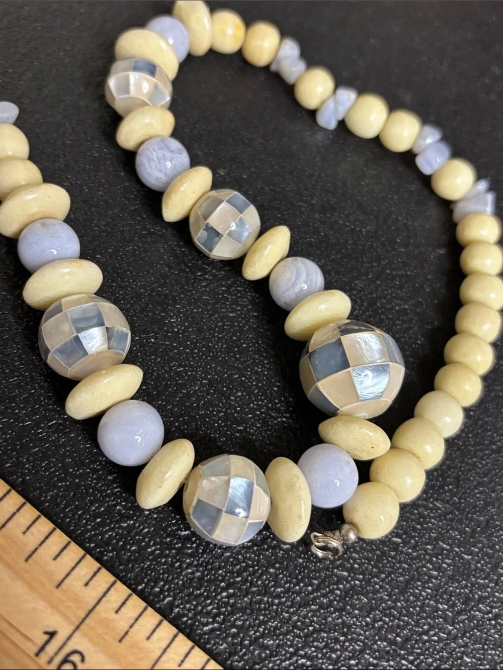 Vintage Mother of Pearl Checkered Beaded Cream Silver Wood Statement Necklace